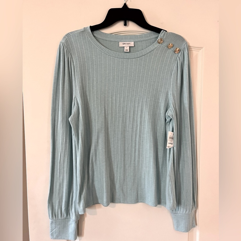 NEW! On 34th Brand Light Blue/Green Long Sleeve Light weight Blouse Size Large